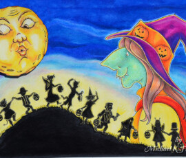 Trick or Treaters and Witch Illustration